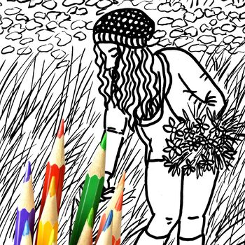 Preview of Girl Picking Flowers Coloring Book Page For Teens and Adults