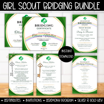 Preview of Girl Scout Bridging Certificate, Ceremony Invitation Program, Silver Gold Key