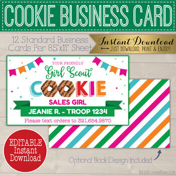 Preview of Girl Scout Cookie Business Cards, Seller Booth Contact Info, Thank You Note