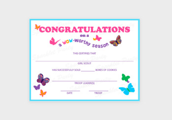 Preview of Girl Scout Cookie Sales Award Certificate Printable Cookie Order