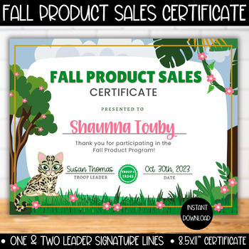 Preview of Girl Scout Fall Product Sale Certificate, Girl Scouts Star Seller Recognition