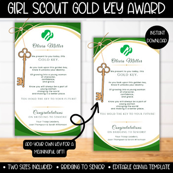 Preview of Girl Scout Gold Key Award Certificate, Senior Bridging Ceremony Gold Gift