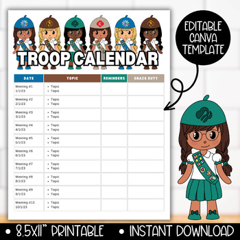 Preview of Girl Scout Meeting Calendar, Leader Planning, Newsletter, Snack Schedule Canva