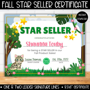 Preview of Girl Scout Star Seller Fall Product Sale Certificate Template, Girl Scouts