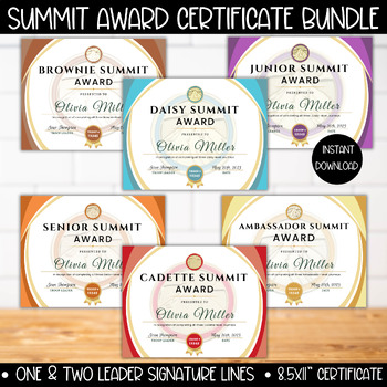 Preview of Girl Scout Summit Award Certificate Bundle Template, All Levels, Edit with Canva