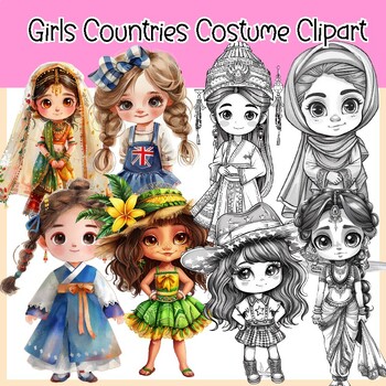 Preview of Girls Countries Costume and Flags Clipart (30 Countries )