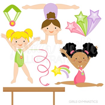 Girls Gymnastics Cute Digital Clipart, Clip Art by JW Illustrations