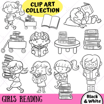 girl reading clipart black and white