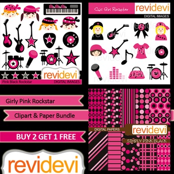 Preview of Girly Music Rockstar Pink Black Clip art (3 packs)