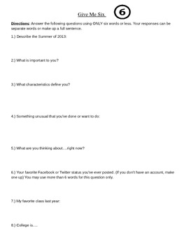 Preview of Give Me Six Student First Day Questionnaire Ice Breaker Middle High School