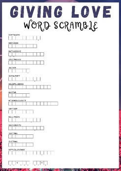 Preview of Giving Love No Prep Word scramble puzzle worksheet activity