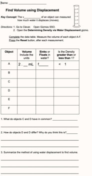 Preview of Gizmos Activity Simplified Handout: Determining Density via Water Displacement 