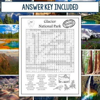 Glacier National Park Word Search Puzzle with Coloring