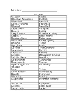 Preview of Gli Sport- Vocabulary list