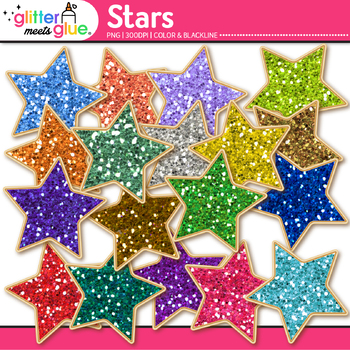 Glitter Star Clipart: Cute Rainbow Clip Art Printable Commercial Use PNG B&W