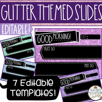 Preview of Glitter Themed Editable Morning Message Slides