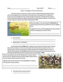 Preview of Global 1: Mali Trading States of Africa Worksheet