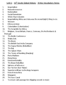 Preview of Global - 30 Vocab Terms - Unit 05 - Imperialism: 1700s-1900s - 10th Grade