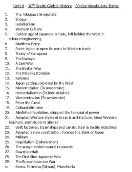 Preview of Global - 30 Vocab Terms - Unit 06 - The Meiji Restoration of Japan - 10th Grade