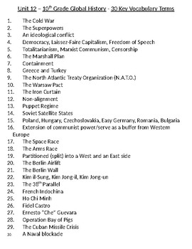 Preview of Global - 30 Vocab Terms - Unit 12 - The Cold War - 10th Grade