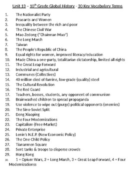 Preview of Global - 30 Vocab Terms - Unit 13 - The Chinese Revolution - 10th Grade