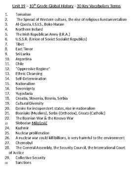 Preview of Global - 30 Vocab Terms - Unit 19 - Global Conflicts Post-WWII - 10th Grade