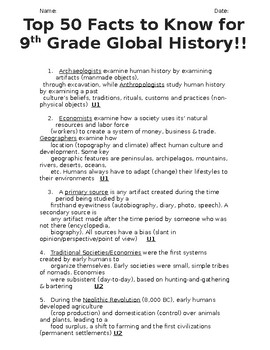 Preview of Global - Reading Guide Top 50 Facts Every Student Should Know - 9th grade