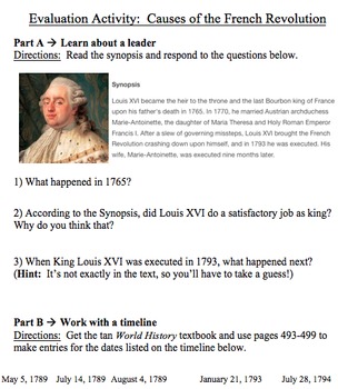 Preview of Global History Evaluation Activity - Causes of the French Revolution