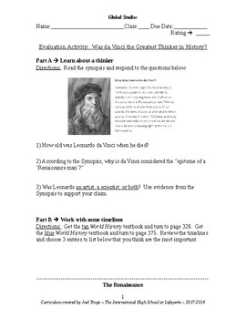 Preview of Global History Evaluation Activity - Was Leonardo da Vinci the Greatest Thinker?