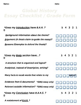 Preview of Global/U.S. - Thematic & DBQ Essay Checklist/Grade Form - OLD REGENTS