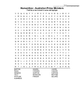 Preview of Global Humanities:- Australian Prime Ministers since Federation Wordsearch
