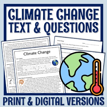 Preview of Global Warming Climate Change Reading Article and Worksheet with Google Version