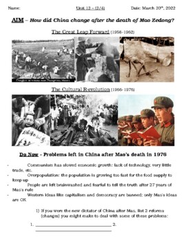 Preview of Global - Worksheet - Unit 13 - The Chinese Revolution - 10th Grade - 3/4
