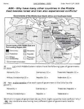 Preview of Global - Worksheet - Unit 16 - Conflicts in the Middle East - 10th Grade - 4/5