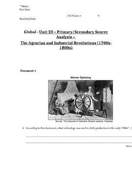 Preview of Global - Primary/Secondary Sources - 11/25 - Agrarian Revolution - 10th Grade