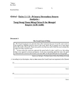 Preview of Global - Primary/Secondary Sources - 04/25 - China/Mongol Empire - 9th Grade