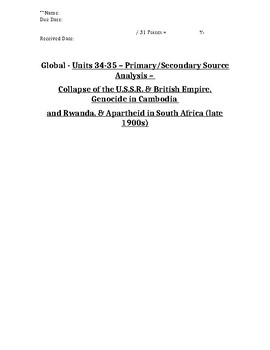 Preview of Global - Primary/Secondary Sources - 21/25 - End of Colonialism - 10th Grade