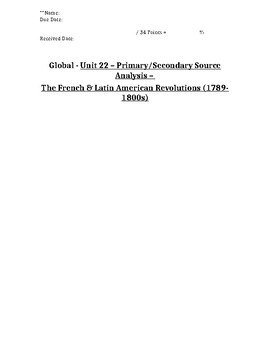 Preview of Global - Primary/Secondary Sources - 10/25 - French Revolution - 10th Grade