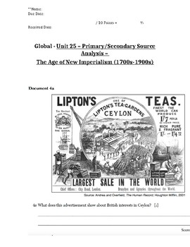 Preview of Global - Primary/Secondary Sources - 13/25 - Imperialism Causes - 10th Grade