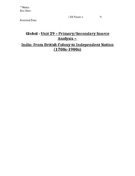 Preview of Global - Primary/Secondary Sources - 16/25 - India: Colony to Free - 10th Grade