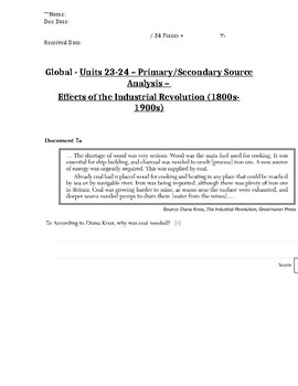 Preview of Global - Primary/Secondary Sources - 12/25 - Industrial Revolution - 10th Grade