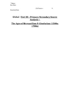 Preview of Global - Primary/Secondary Sources - 08/25 - Absolutism/Mercantilism - 9th Grade
