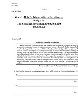Preview of Global - Primary/Secondary Sources - 01/25 - Neolithic Revolution - 9th Grade