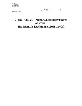 Preview of Global - Primary/Secondary Sources - 09/25 - Scientific Revolution - 10th Grade