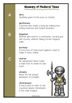 Preview of Glossary of Medieval Times Printables | Middle Ages