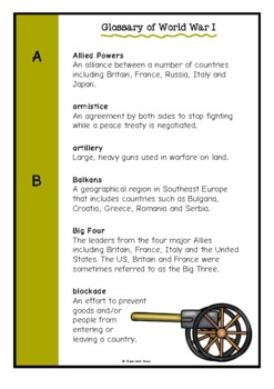 Preview of Glossary of World War One (WWI) Printables