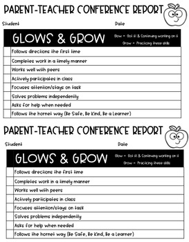 Preview of Glows and Grows - Parent/Teacher Conference Report