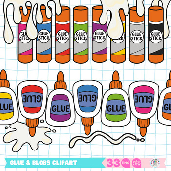 Glue bottles, Glue Sticks and blobs Clipart, Back to School