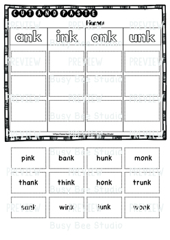 Glued Sounds (-nk, -ng) Sorts | Cut and Paste Worksheets by Busy Bee Studio