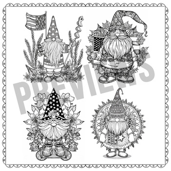 Preview of Gnome USA Flag Mandala Coloring, 4th of july, Independence Day, Coloring Adults